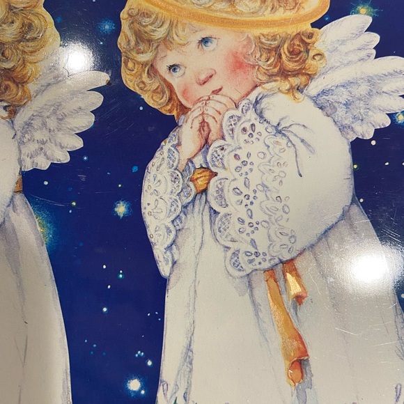 Christmas tray angels tin blue white reflective gold oval adorable - Picture 2 of 9